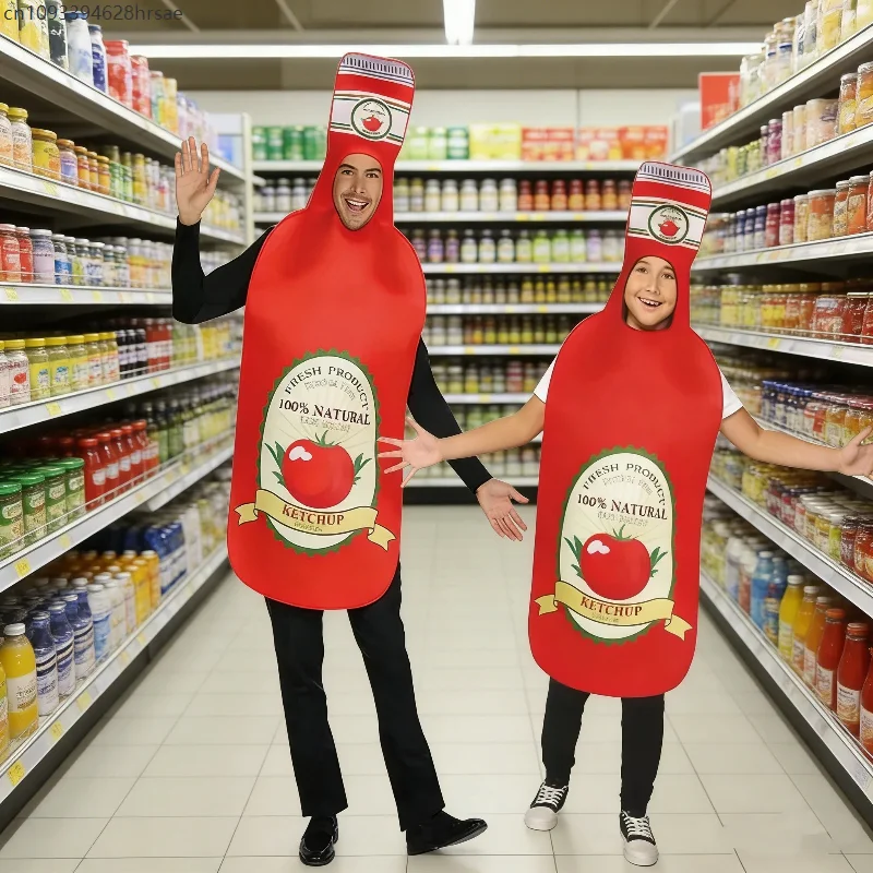 

Adult Unisex Carnival Party Ketchup Bottle Cosplay Costume enfant Food Theme Tomato Juice Dress Up Performance Outfits