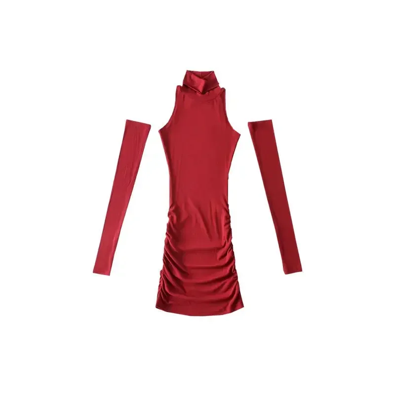 Women's Mini Dress Sleeveless Pleated Tight Dress High Neck Lace Up Autumn Black Tight Elastic Party Tank Top Summer