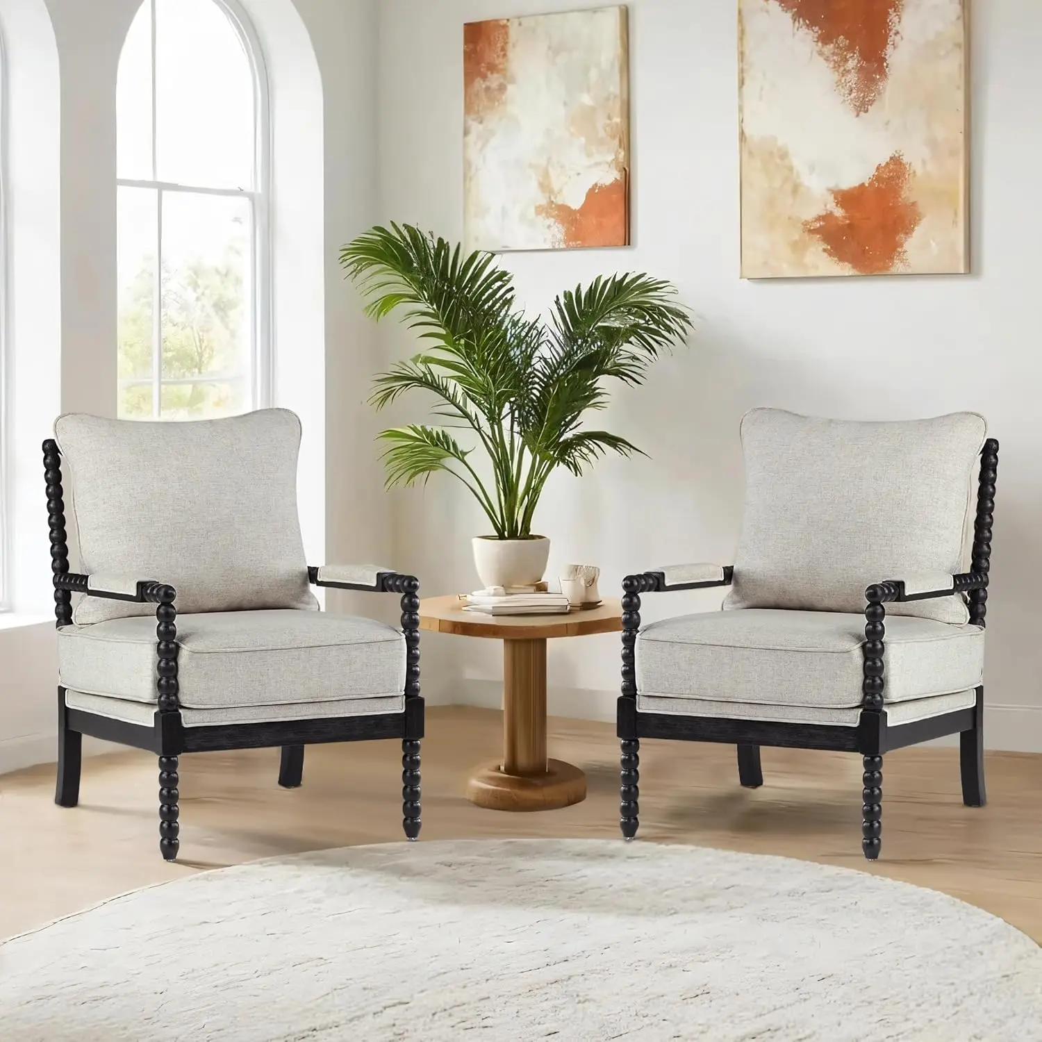 

Linen Fabric Spindle Accent Chairs Set Of 2,Bobbin Chair With High Resilience Spring Cushion And Armrest Pads, Leisure Armchair