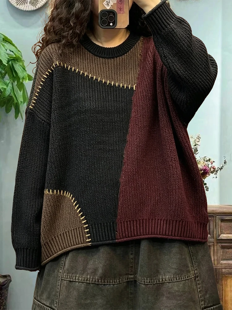 Amax LuluE Autumn Ladies Vintage Knitted Pullover Fashion Big Size Sweaters Womens Leisure Loose Embroidery Warm O Neck Jumpers view 5