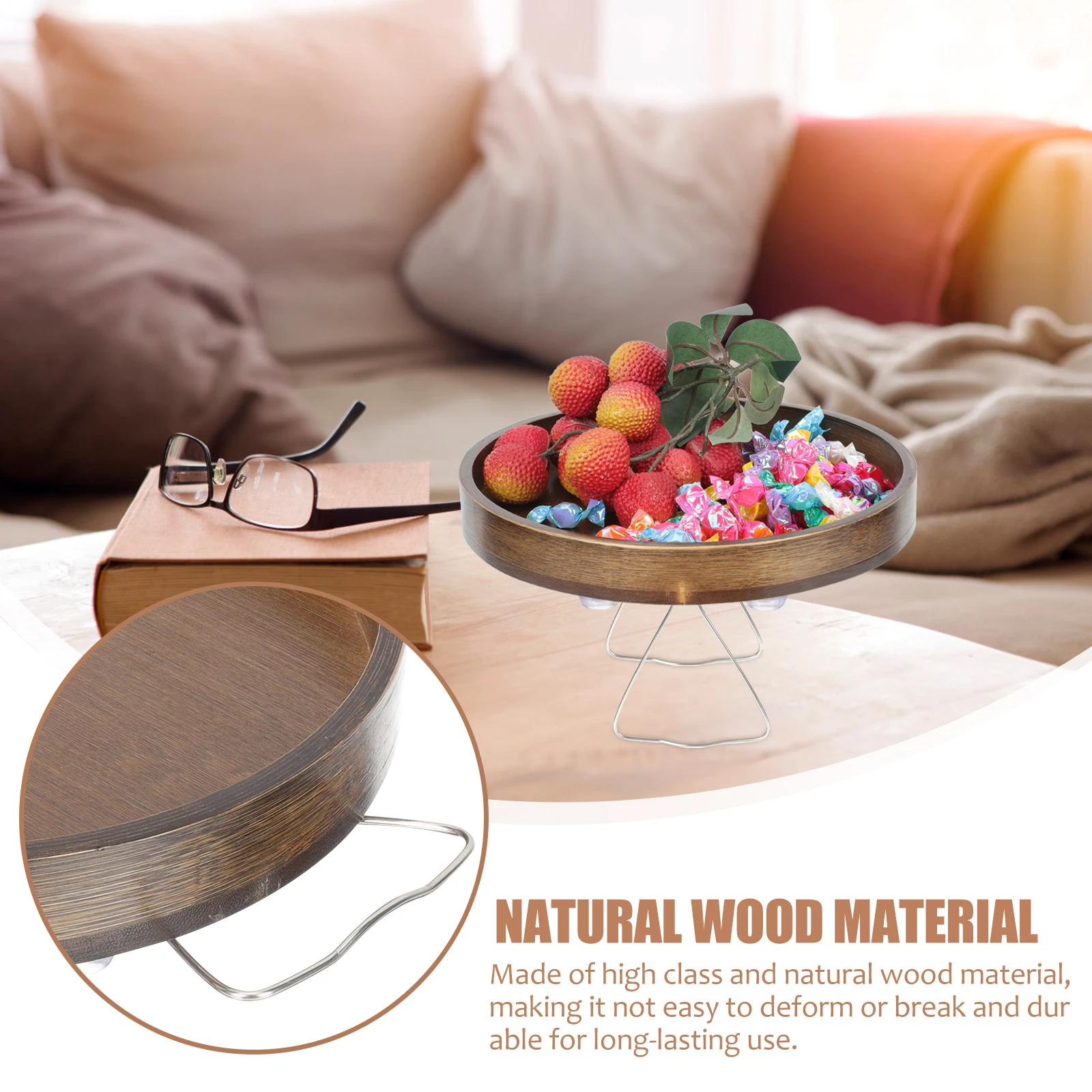 

Foldable Couch Table Round Wood Sofa Armrest Tray Holder Multi Function Wood Tray Compact Size Long Lasting