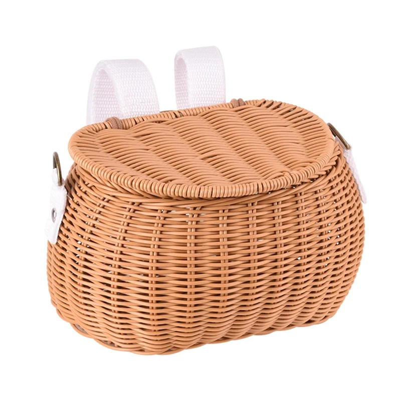 

ABLB-Children Bike Basket Bike Scooter Tricycle Basket Shoulder Strap Bicycle Front Handlebar Basket Rattan Basket For Kids