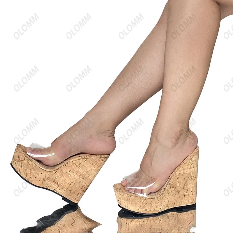 Olomm New Women Platform Slingback Sandals Stable Wedges High Heels Open Toe Transparent Casual Shoes Women US Plus Size 5-20
