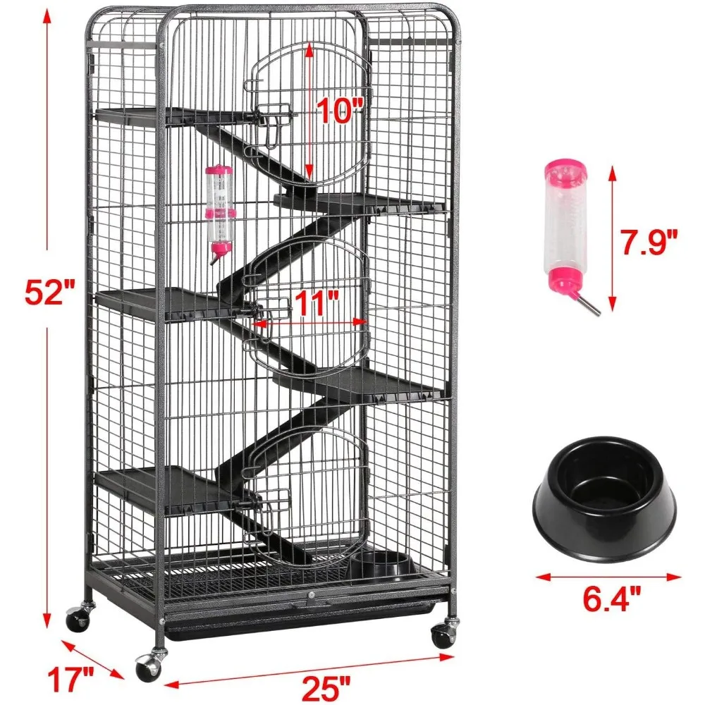 52 นิ้ว Ferret CAGE 6 ระดับโลหะกรงหนู 3 ประตูด้านหน้า/Feeder/ล้อกรงสัตว์ขนาดเล็กสําหรับ Ferret/Chinchilla/กระต่าย/กระต่าย