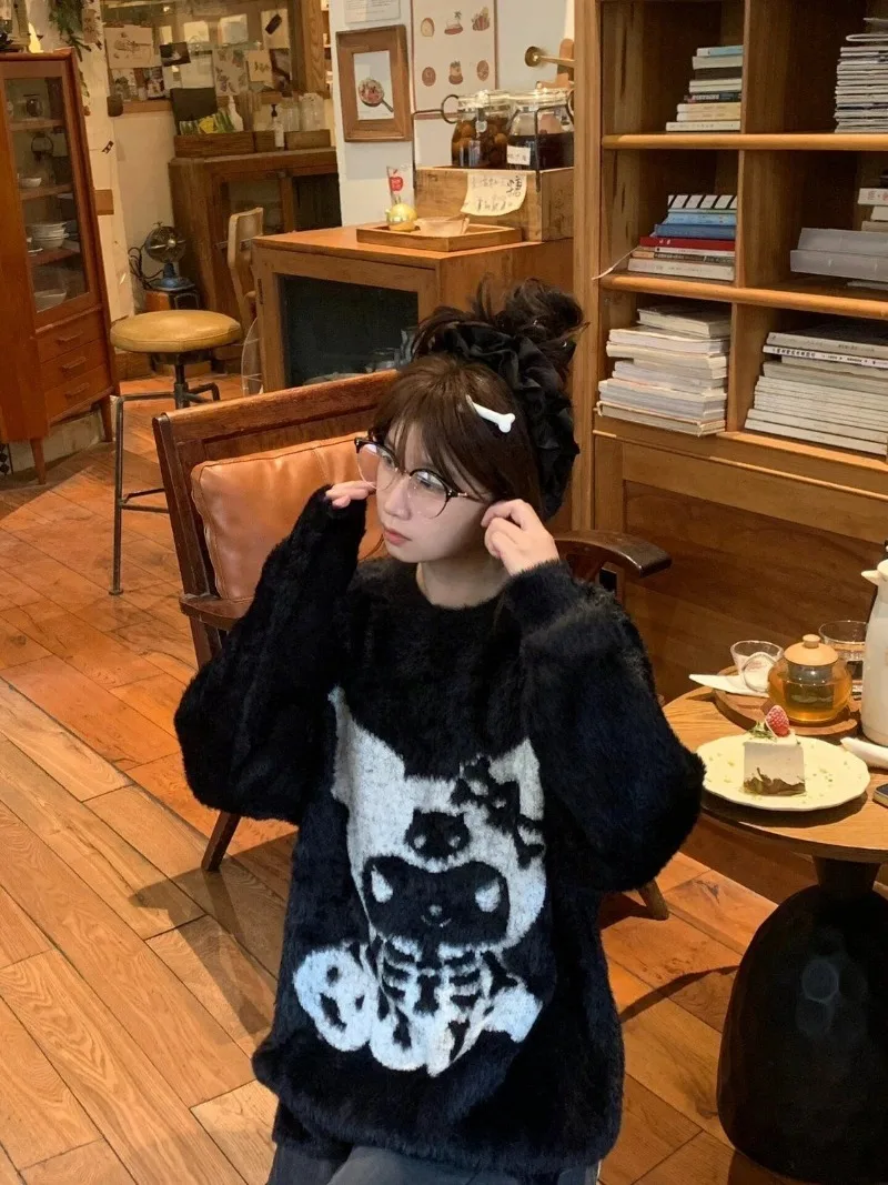 Sanrio Original Japanese Kuromi Sweet Cute Cartoon Black Jacquard Pullover Autumn/Winter Lady Loose Sweater Women Gothic Tops