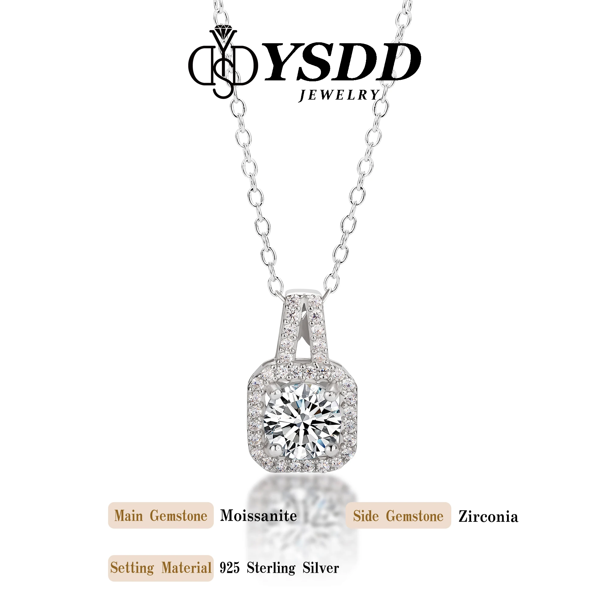 #20 YSDD Genuine 925 sterling silver 1-3 carat Moissanite princess square bag women's necklace pendant is not allergic