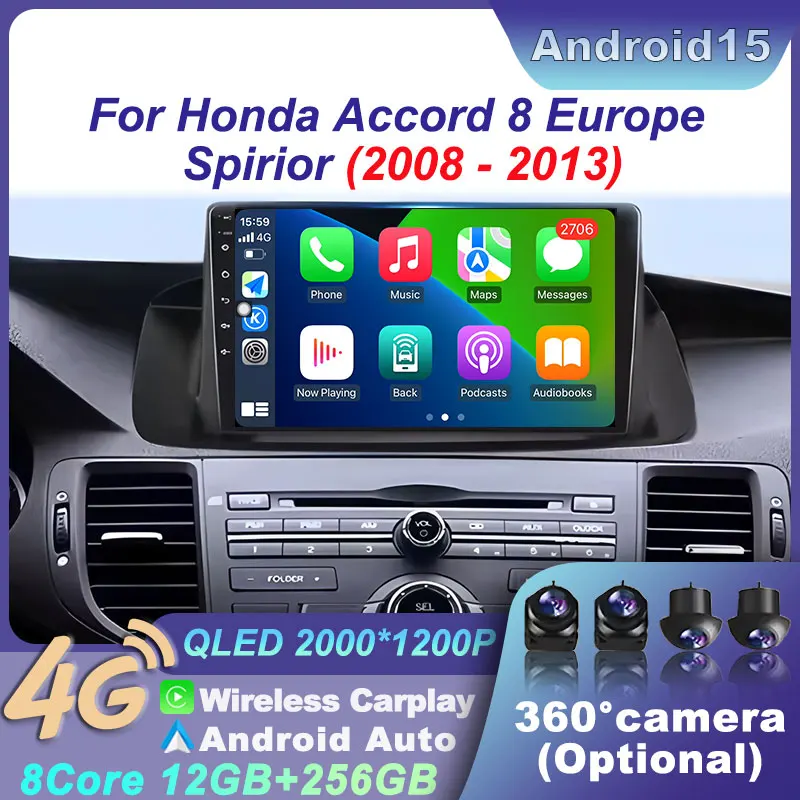 For Honda Accord 8 Europe Spirior 2008-2013 Android 15 Head Unit Multimedia Car Player Navigation Stereo GPS Video Auto Radio BT