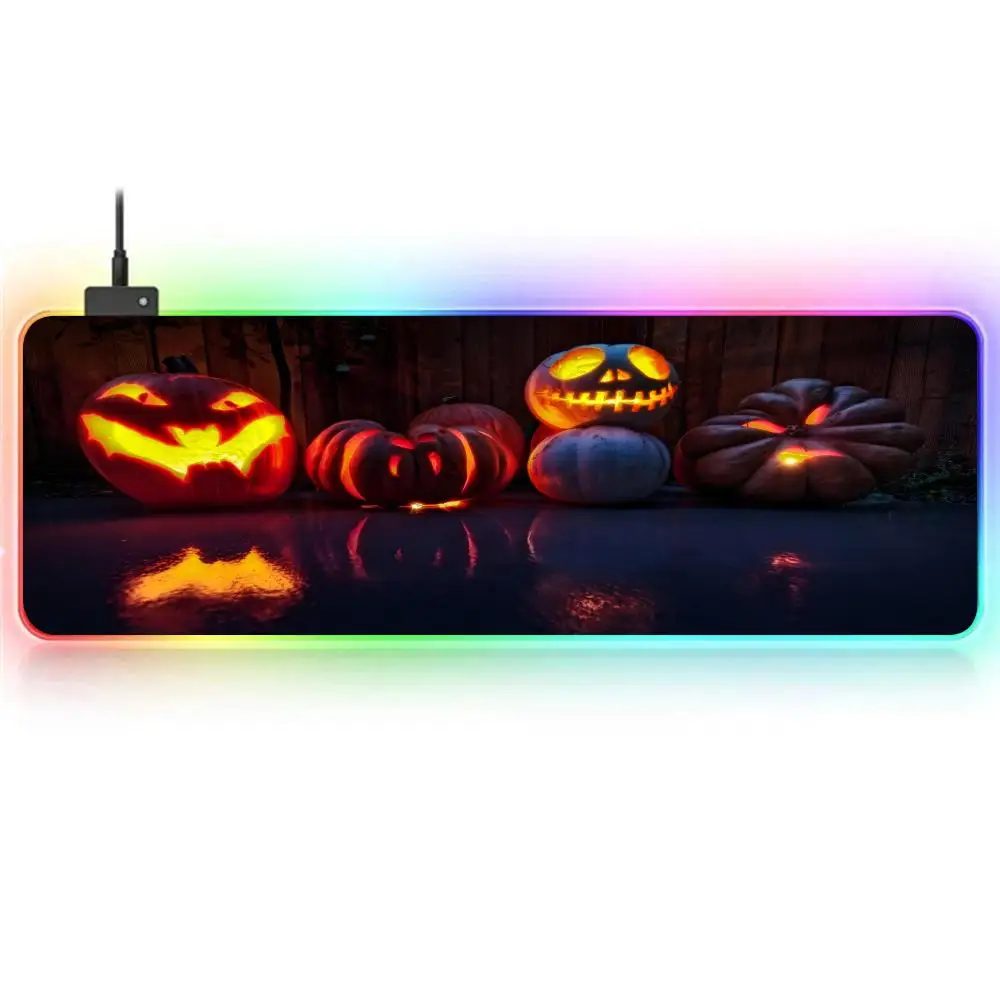 Halloween Pumpkins Mouse Pad RGB Large Gaming Mouse Pad Non-slip Rubber Base Keyboard Pad Extra Large Luminous LED Mouse Pad