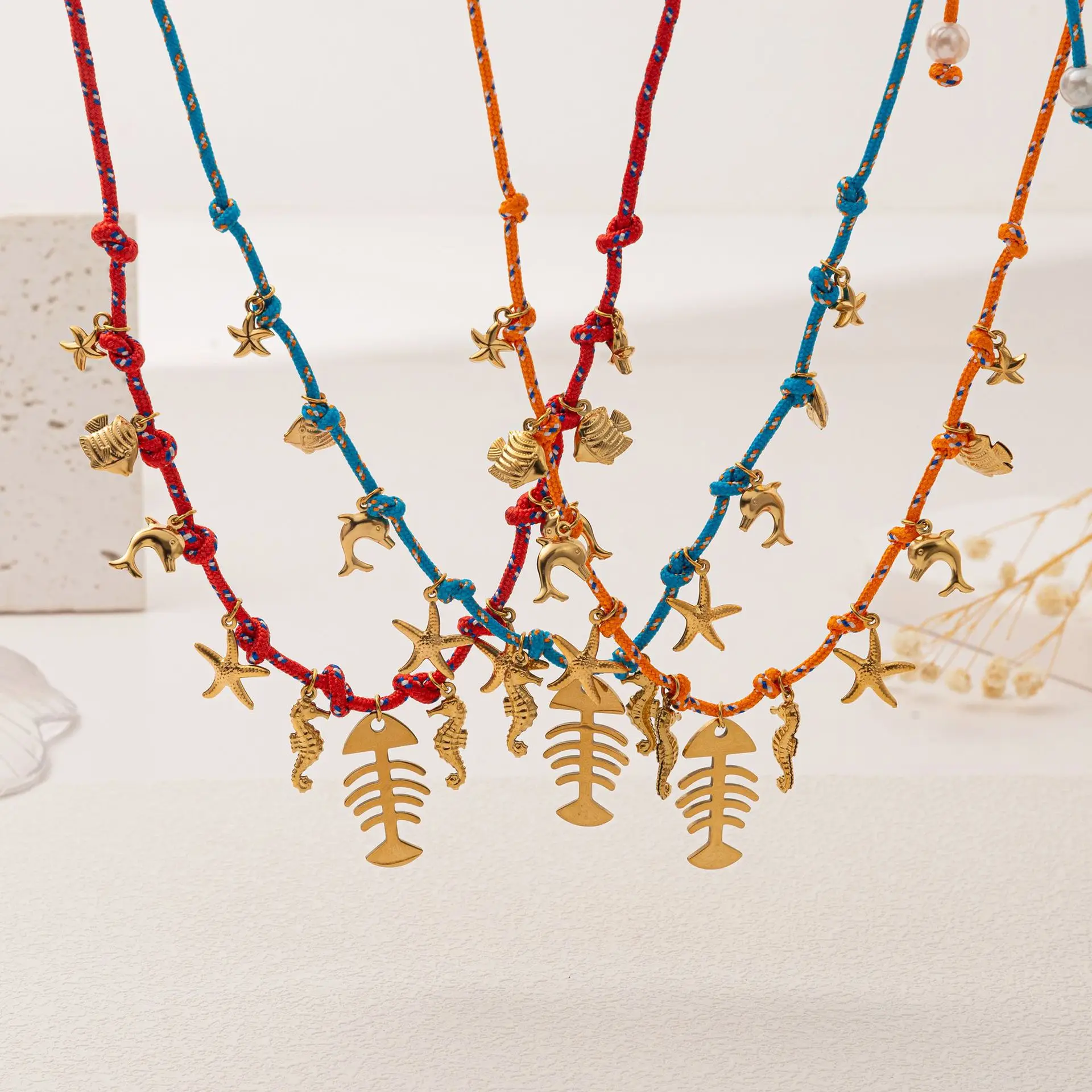 Stainless steel colored rope chain, ocean wind, fish bones, starfish, dolphins, gold-plated color preservation