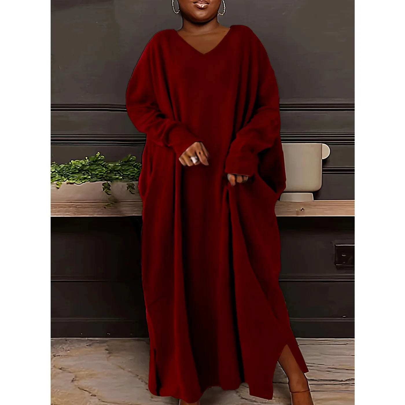 

Casual Dress Robe Solid Color V Neck Long Sleeve Basic Loose Everyday Dress
