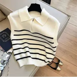 Vintage Lapel Stripe Knitted Vest Wear Outside In Autumn Winter Sleeveless Sweaters Women Elegant Vests Casual Simple Pullover