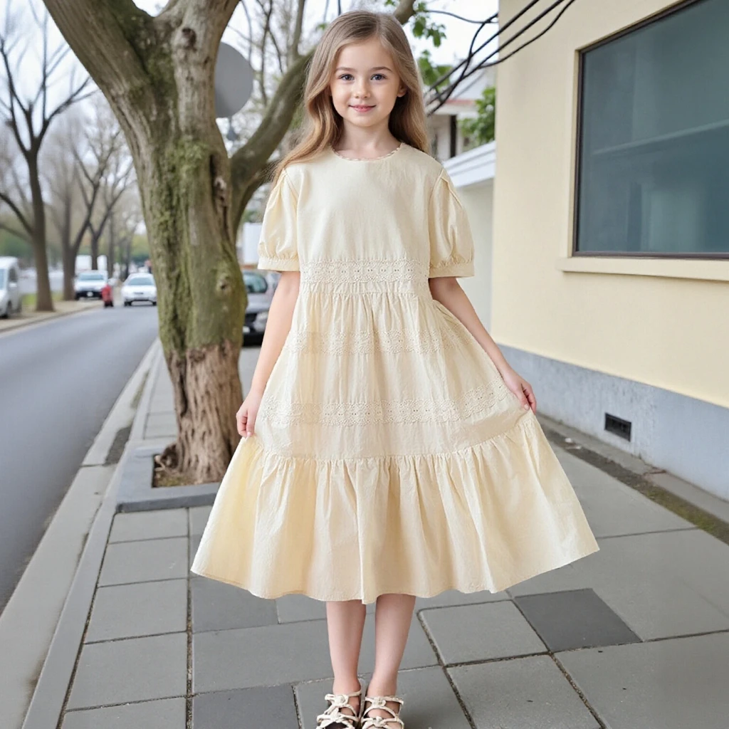 

Teenage Girls Dress 2026 Summer Beige Lace Patchwork Cotton Princess Dress for Kids Fashion Loose Children Beach Holiday Costume