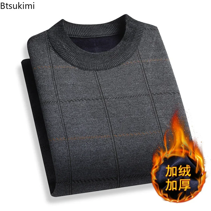 2024 Men's  Autumn Winter Middle-aged Sweater Thicken Warm Knitted Male Basic Sweater Plaid  Pullover Shirt Jumper Sweater Male