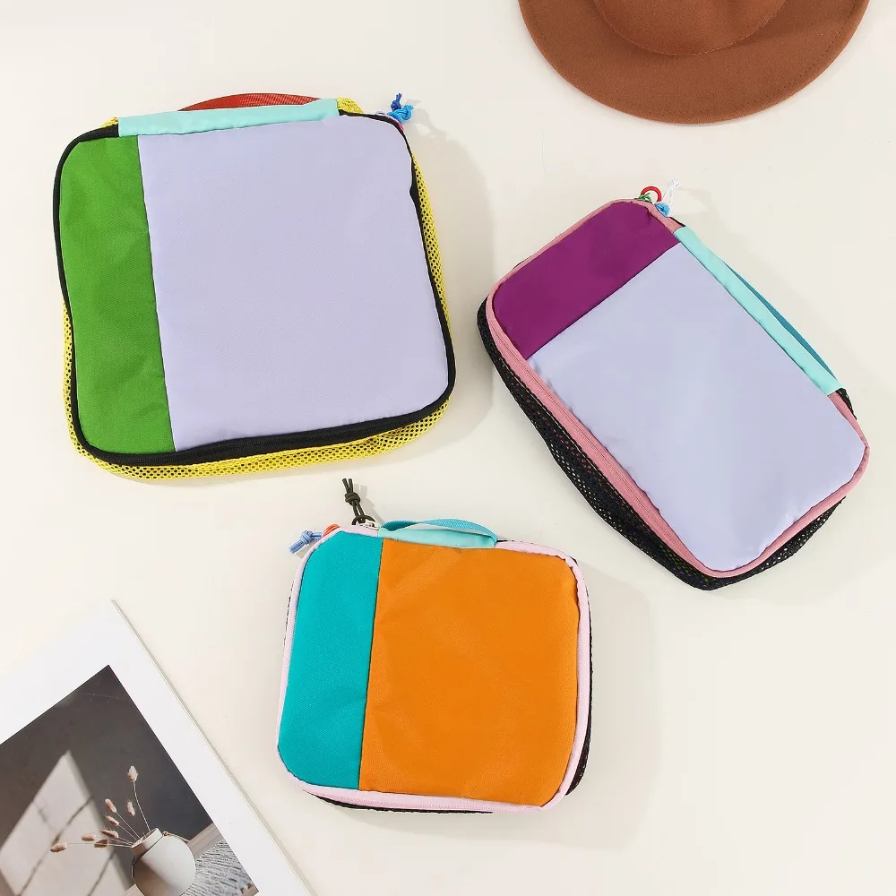 Color Block Makeup Brush Storage Bag Waterproof Nylon Portable Cosmetic Organizer Pouch Travel Toiletry Bag for Women Vacation