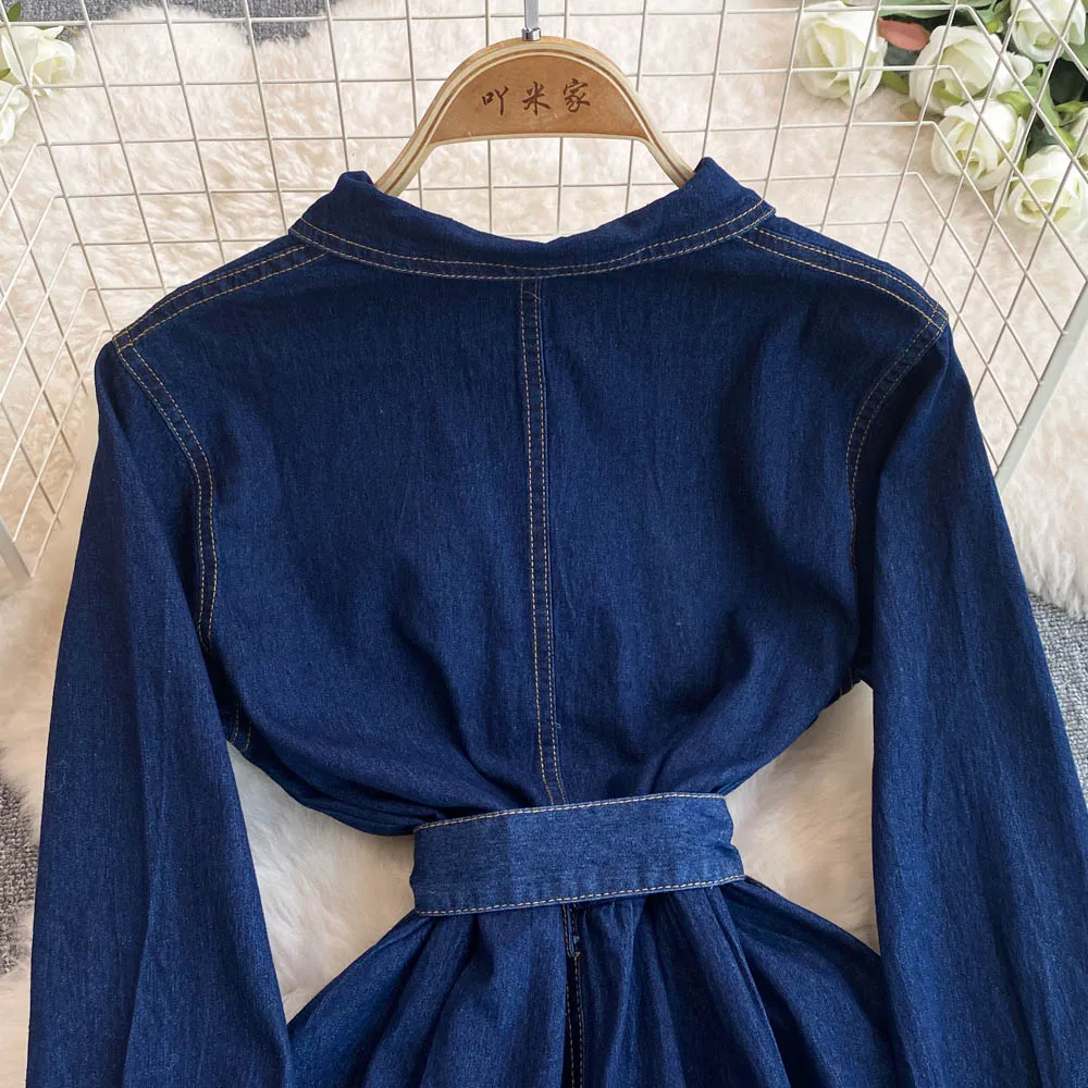 Women French Retro Long-sleeved Denim Dress Female Waist Slimming Temperament A-line Shirt Jeans Dress