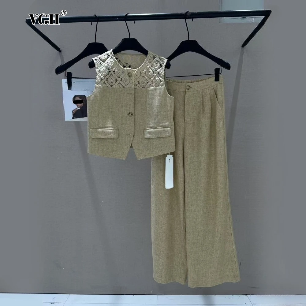 

VGH Office Two Piece Set for Women O Neck Sleeveless Patchwork Hollow Out Top High Waist Wide Leg Trousers Sets Female Fashion