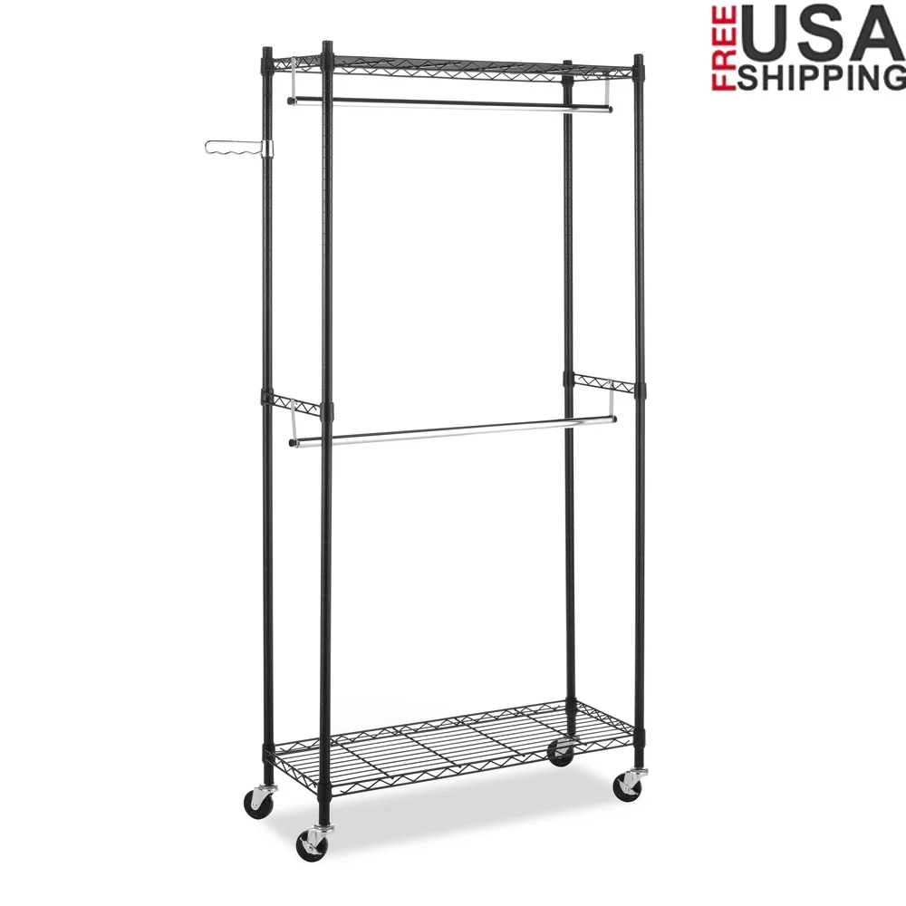 

Double Rod Rolling Garment Rack Heavy Duty Metal with Adjustable Swinging Hanger Arm Locking Wheels Easy Assembly Storage
