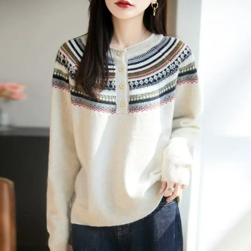 Ethnic Style Semi-open Neck Sweater Retro Jacquard Geometric Sweater Autumn Winter Loose Pullover Long Sleeve Casual Lazy Tops