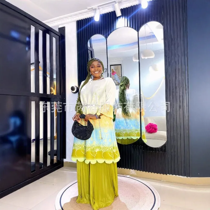 미야케 플리츠 팬츠 수트 2025 가을 신상 그라데이션 컬러 플러스 사이즈 루즈핏 캐주얼 투피스 수트 이브닝 드레스