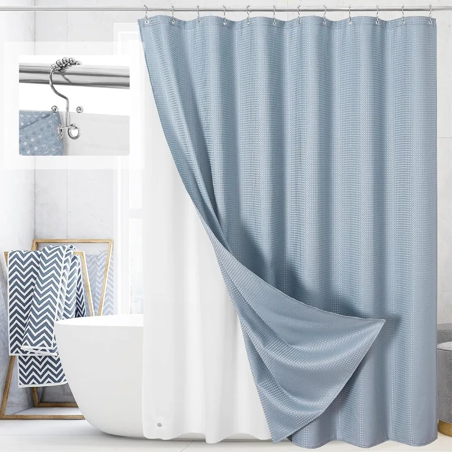

3 in 1 Shower Curtain Set in Fog Blue Waffle Design with PEVA Waterproof Liner and 12 Stainless Steel Hooks for Bathroom 72 Inc