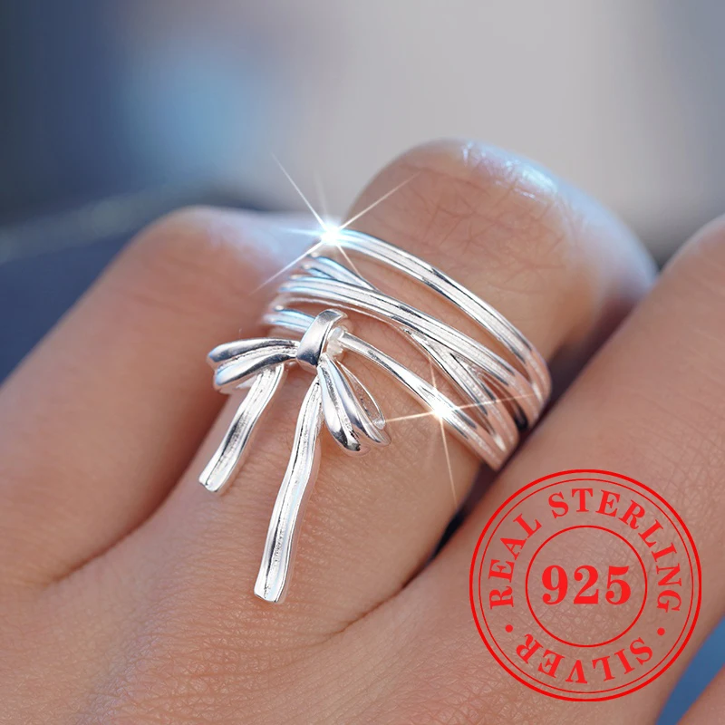 

Huitan Romantic Bowknot Rings Exquisite 925 Sterling Silver Women’s Sweet Finger Accessory Modern Elegant Wedding Party Jewelry