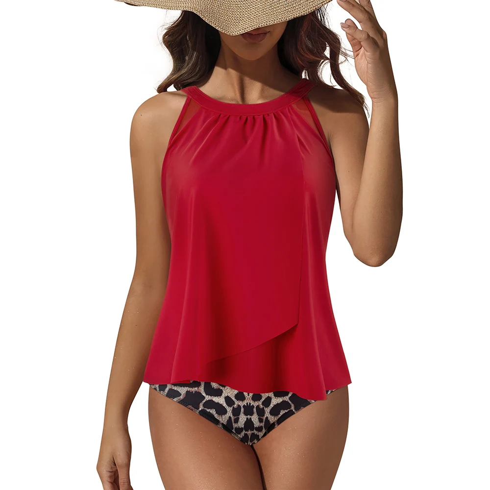 2024 Tankini Women Two Piece Bikini Set Swimsuits Swimwear Print Bathing Suit Sexy Summer High Waist Beachwear Tankini Female