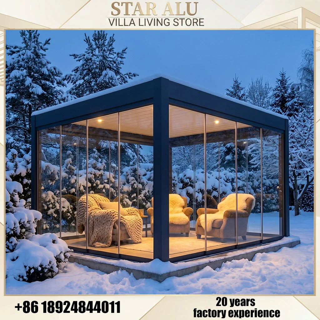Waterproof Aluminum Louvered Pergola with Motorized Roof and Sliding Glass Walls for Backyard