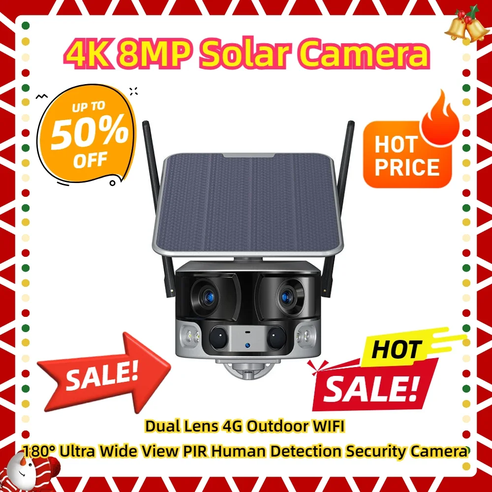 

Dual Lens 4G Outdoor WIFI 180° Ultra Wide View PIR Human Detection Security Camera 4X Zoom 4K 8MP Solar Camera