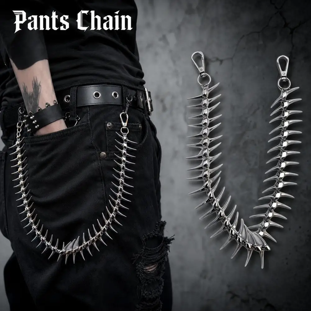 Metal Fishbone Pants Chain Heavy Weight Irregular Skeleton Handmade Splicing Waist Punk Streetwear Hip Hop Show Decor Accessory