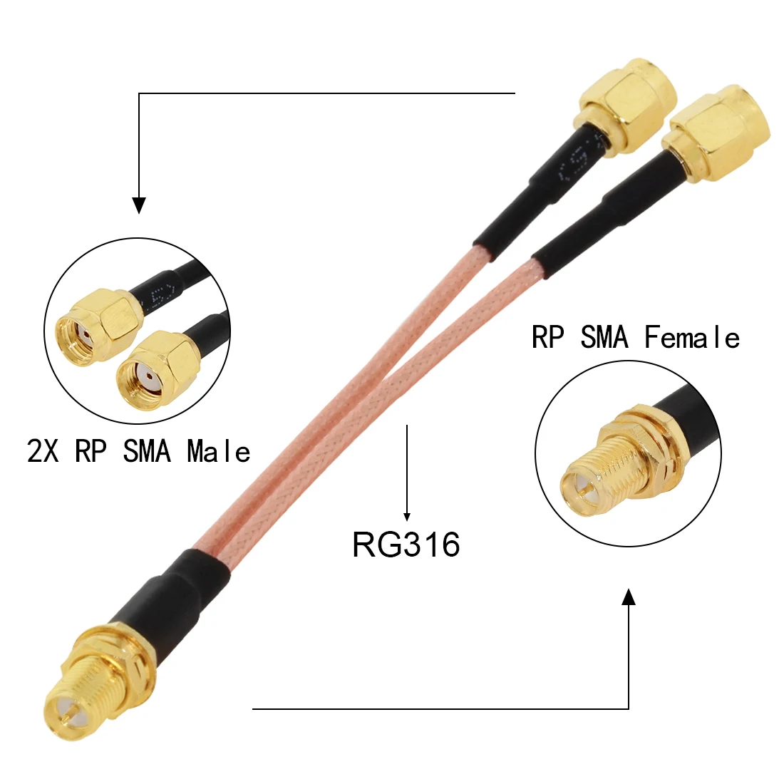 

RP SMA Female Jack Nut to 2X RP-SMA Plug Female Pin Splitter Combiner Pigtail Cable RG316 15CM 6"