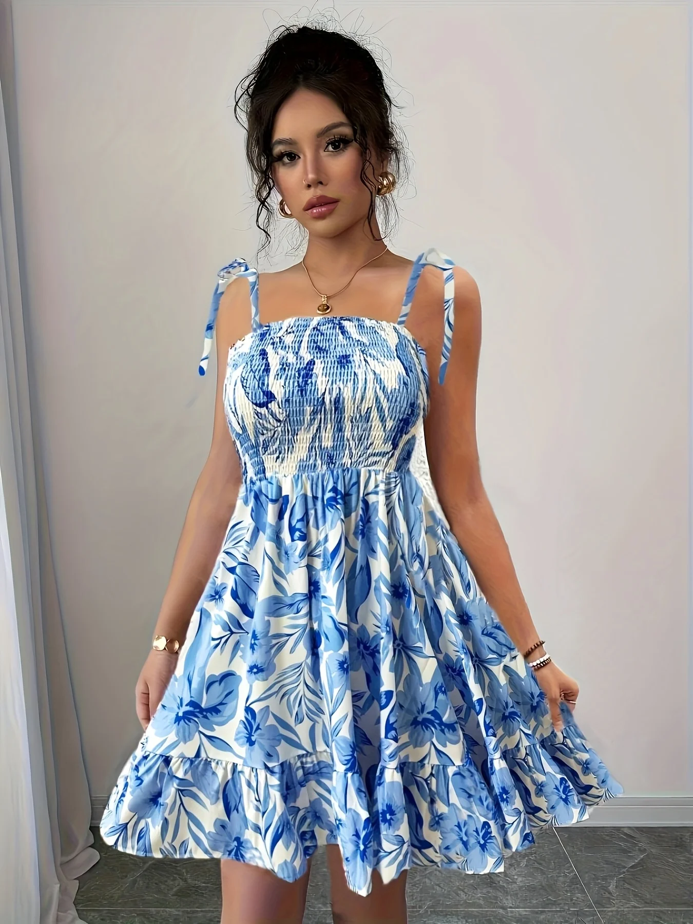 

Womens Blue White Floral Print Tie Strap Smocked Bust Ruffle Hem Mini Dress Fashion Comfortable Summer Beach Casual Wear