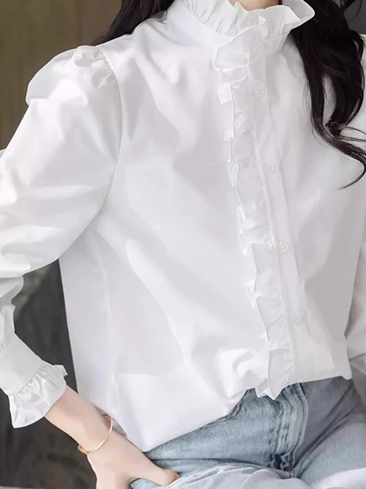 Simple Ele Stand Collar Lace Trim irt Poised Businlike Commute Autumn Spring Faionable Versatile Women's Top