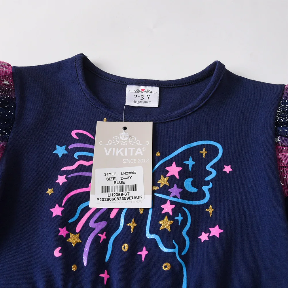 Mädchen Galaxy Stern Schmetterling Druck Langarm Tüll Prinzessinnen-Partykleid Kleinkinder Herbst Frühling Farbverlauf Ombre Marineblau Outfits – Detail 10