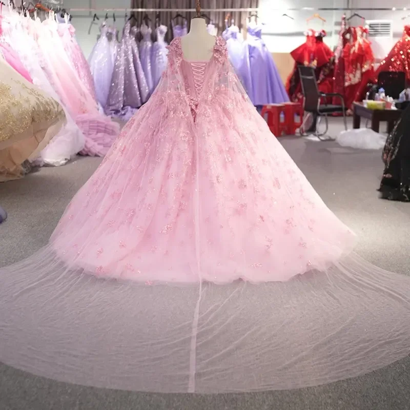 Brilhante rosa vestido de baile bonito miçangas querida fora do ombro quinceanera capa vestido rendas até princesa com vestidos de 15 anos