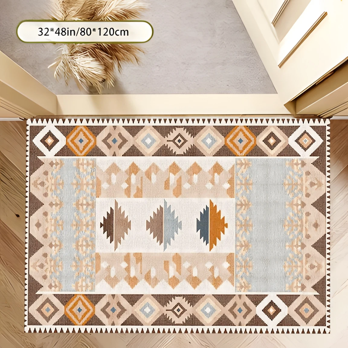 2D Large Rug with Retro Ethnic Geometric Patterns, Exotic Retro Style, Suitable for Living Room, Bedroom, and Bedside, Instantly Refreshes Autumn and Winter Decor