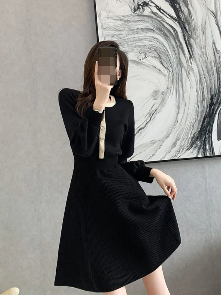 Women Long Sleeve Knitted Dress Spring Autumn High Waist A-Line Short Dresses Mixed Colors O-Neck Pullover Fashion Ladies Dress