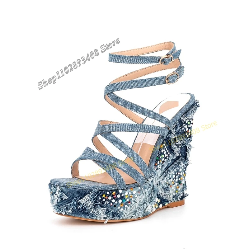 

Demin Weave Platform Cross Tied Crystal Sandals Peep Toe Buckle Strap Wedges Heel Women Shoes 2023 Fashion Sexy Zapatillas Mujer