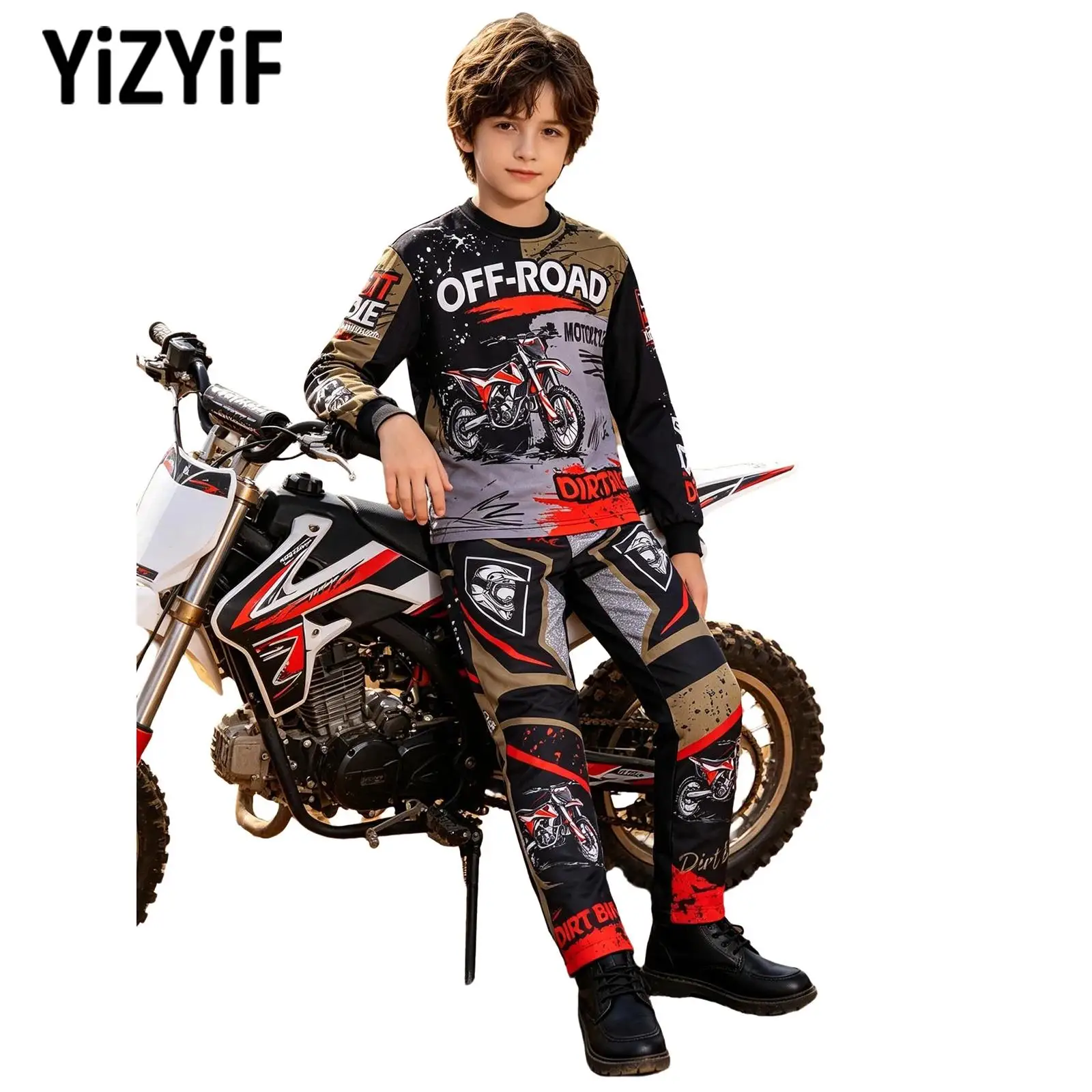 Kids Boys Stylish Printed Motocross Outfit Off-road Motorcycle Racing Suit Long Sleeve Top +Elastic Pockets Pants Cycling Sets