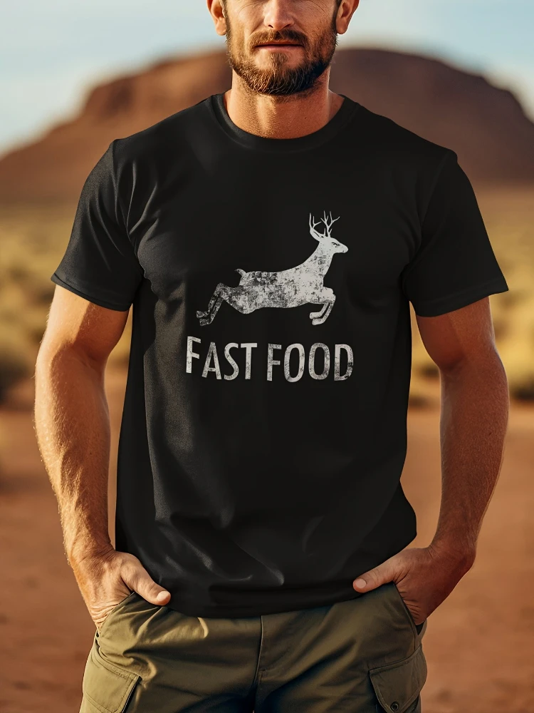 

Funny Joke Hunting Shirt - Men's Printed 100% cotton O-neck Short Sleeve Top - Fast Food Deer - Gifts for Hunters.