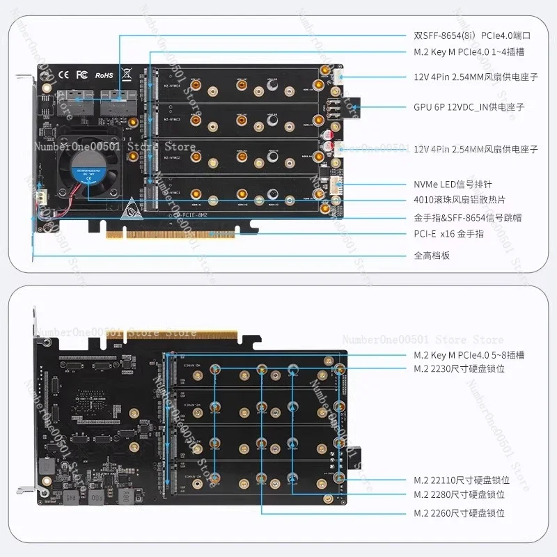 8 Bay M.2 NVMe RAID Card Broadcom 88048 PCIe4.0 x16 Driver-Free No Splitting High Speed Stable Plug and Play