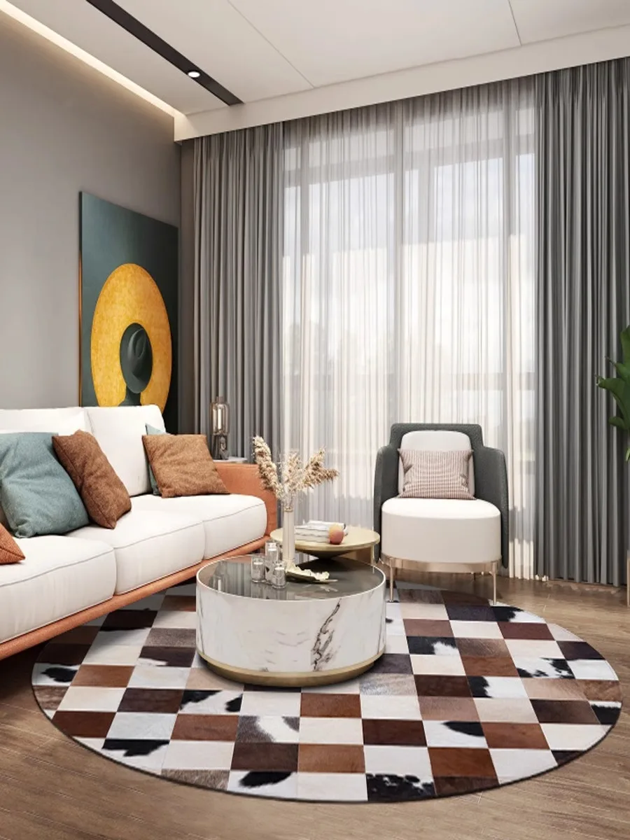 Patchwork Brown White Natural Cowhide Round Rug Living Room Cloakroom Handmade Real Cow Leather Stitching Carpet Study Room Mat