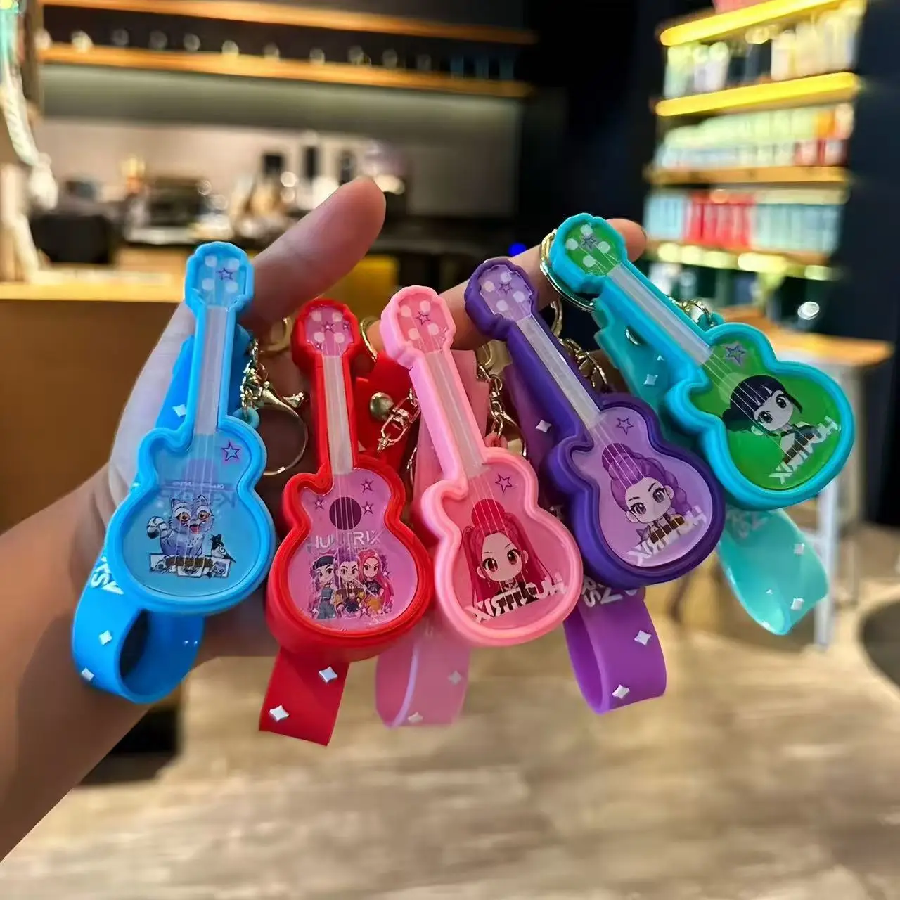 

New Cute Luminous Guitar Keychain Magicians Group Student Bag Charm Car Key Holder Gift
