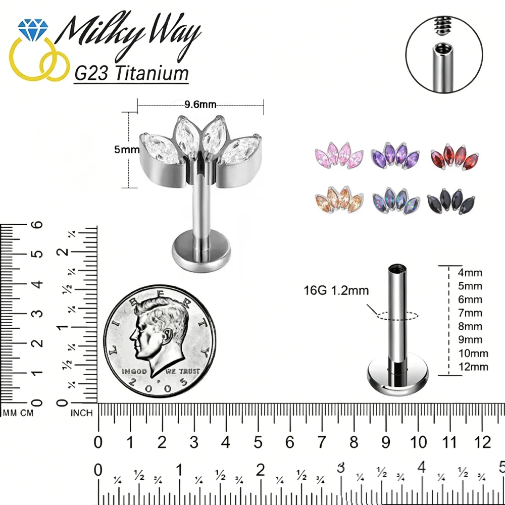 G23 Titanium Multicolor Marquise Zircon Stud Implant Grade Internal Threaded Labret Lip Helix Tragus Nose Piercing Body Jewelry