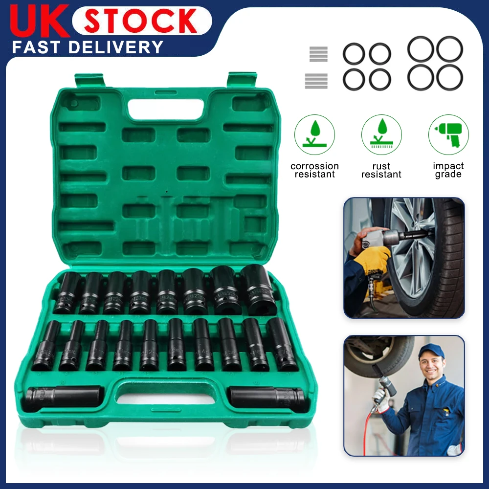 23-teiliges 1/2-Zoll-Schlagschraubenschlüssel-Set, 6-kantig, metrisch 8-32mm, Kohlenstoffstahl, Schwarz/Grün, mit robustem Aufbewahrungskoffer, für die Wartung von Automobil- und Maschinenanlagen,