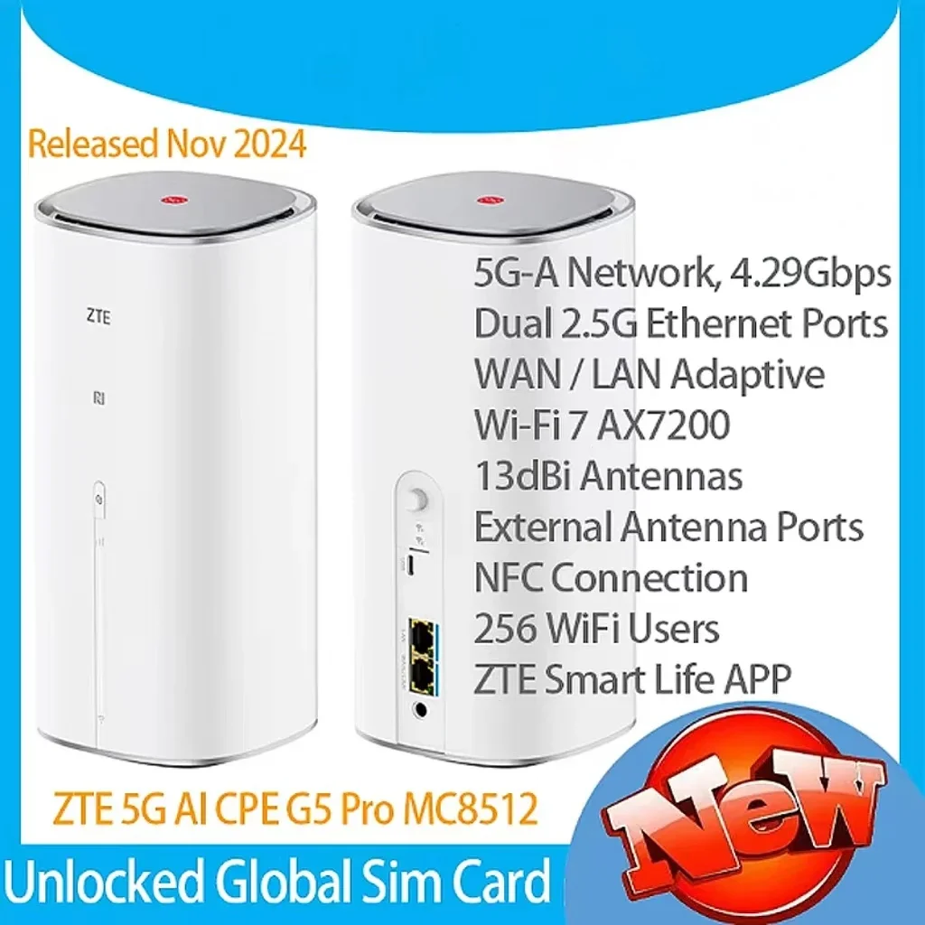 

NEW ZTE 5G AI CPE G5 Pro MC8512 WiFi 7 BE7200 Router Dual 2.5G Ethernet Ports NFC 5G Wireless WiFi Sim Modem 4.29Gbps 256 Users