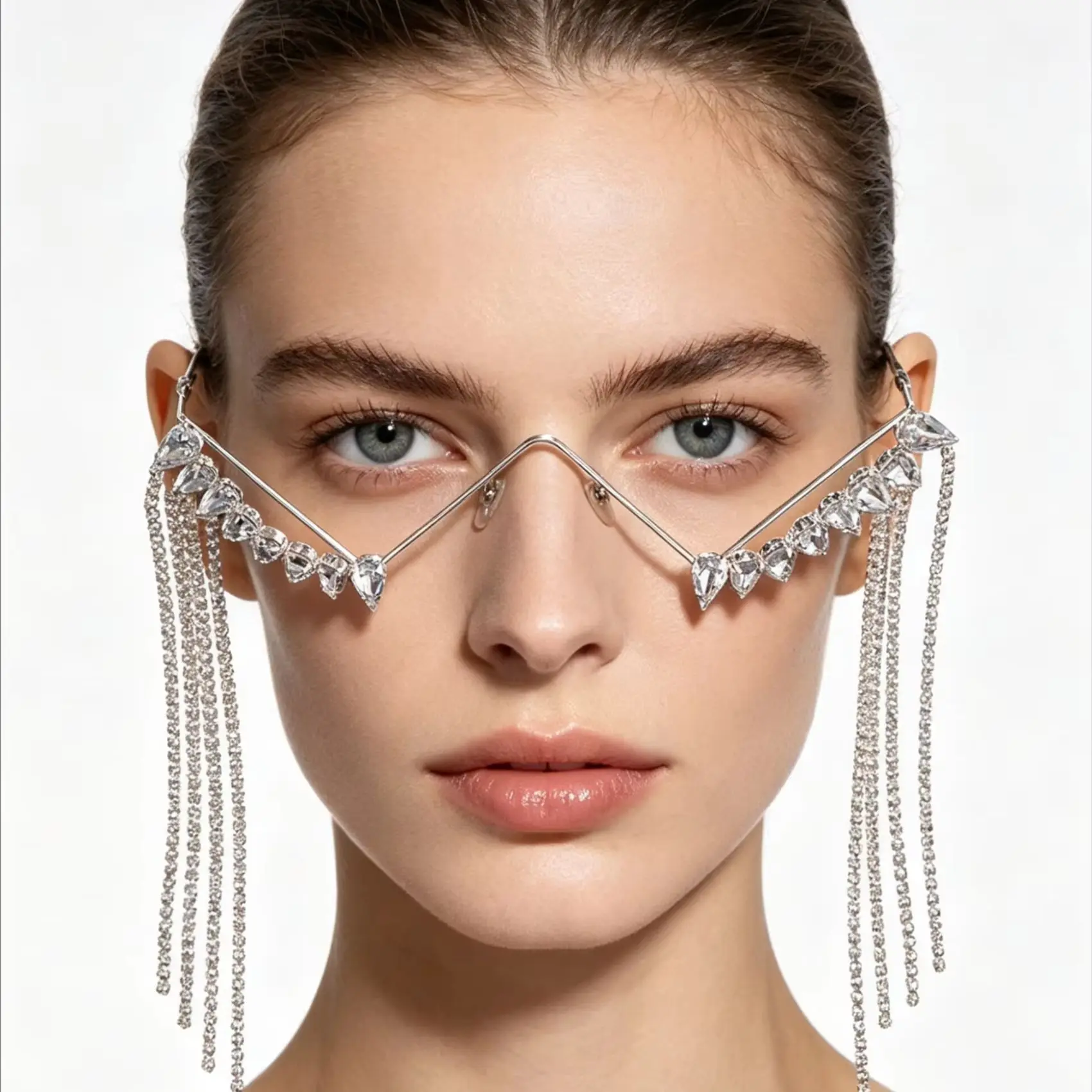 Tassel Glasses for Women Crystal No Lens Glasses Fringe Face Jewelry Statement Eyewear Party Stage Halloween Costume Accessories