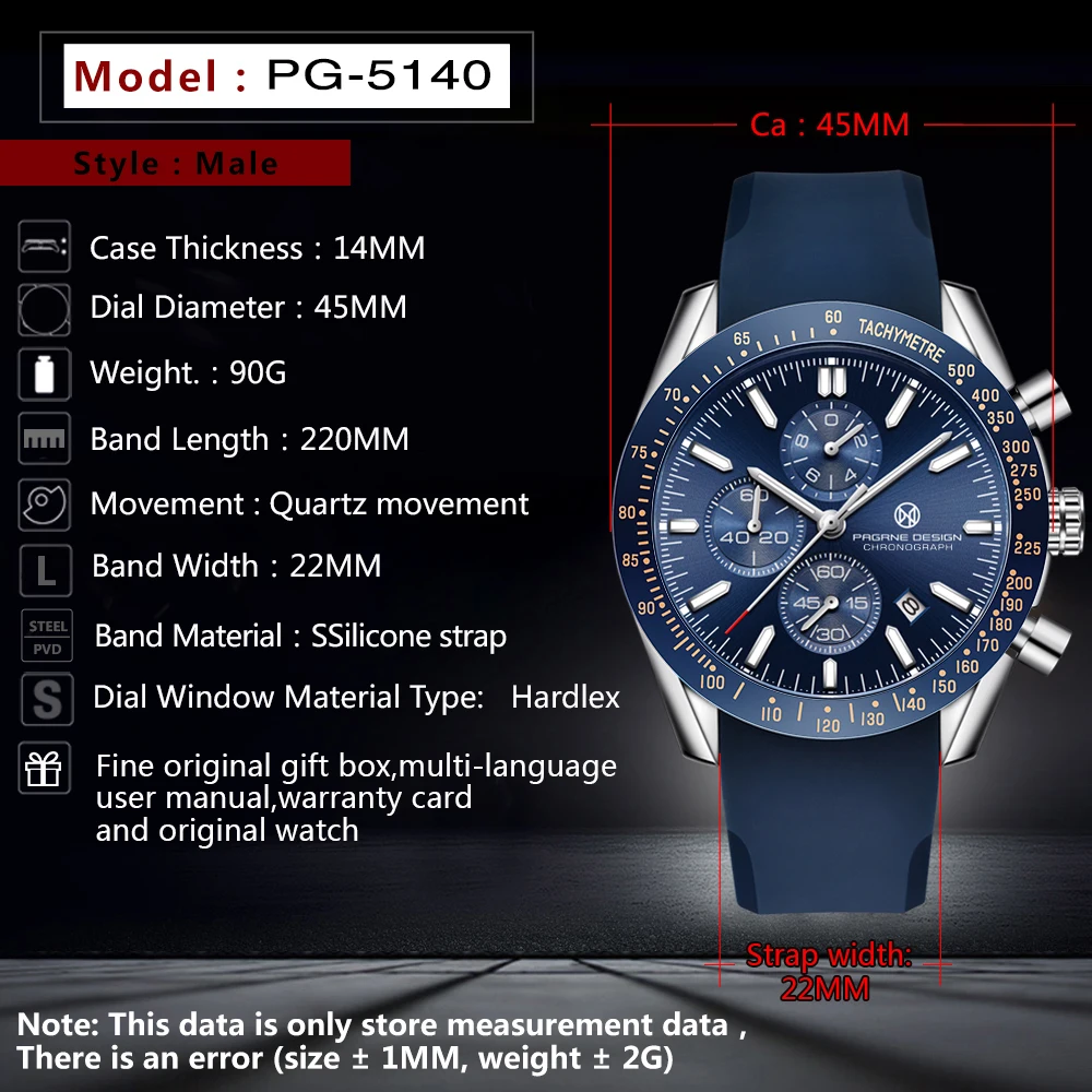 (PAGRNE) PAGANI DESIGN 45MM Men Quartz Watches 30M Waterproof Luxury Business Stainless Steel Relogio Masculino 5140