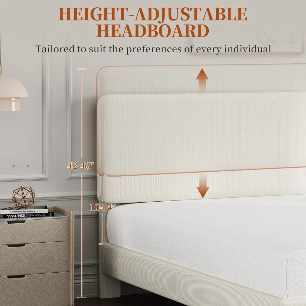 إطارات سرير كوين مع لوح رأسي قابل للتعديل، لوح أمامي/منصة من قماش الشنيل، إطار سرير بحجم كوين