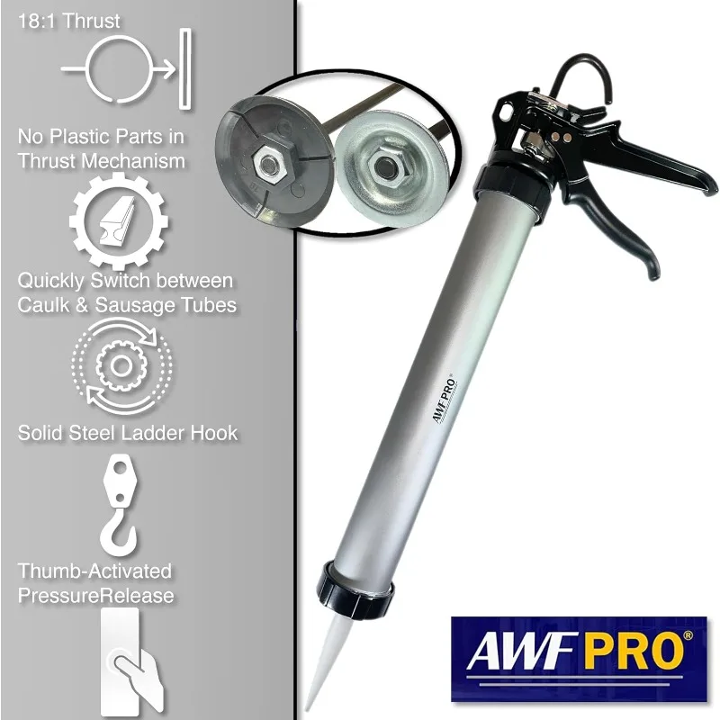 AWF PRO Sausage Caulk Gun 20 oz Foil Pack / 10 oz Cartridge Convertible,18:1 Thrust, Aluminum Sausage Caulking Gun