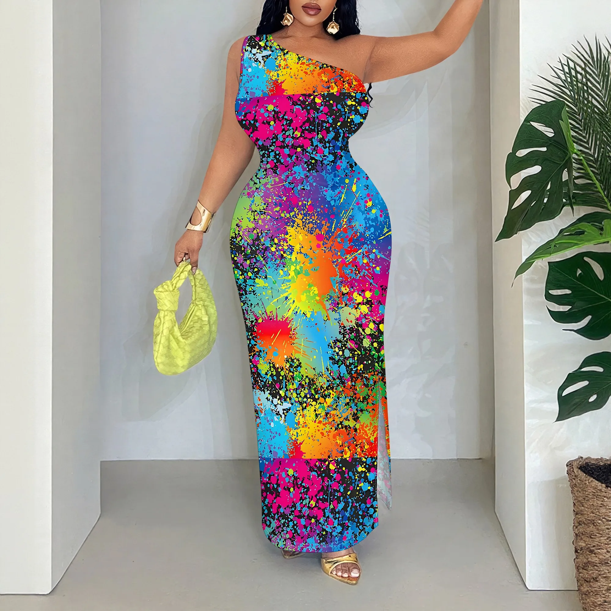 

Vibrant Paint Splatter One Shoulder Maxi Dress, Abstract Art Print Bodycon Gown, Sleeveless Ruched Evening Party Wear S-2XL